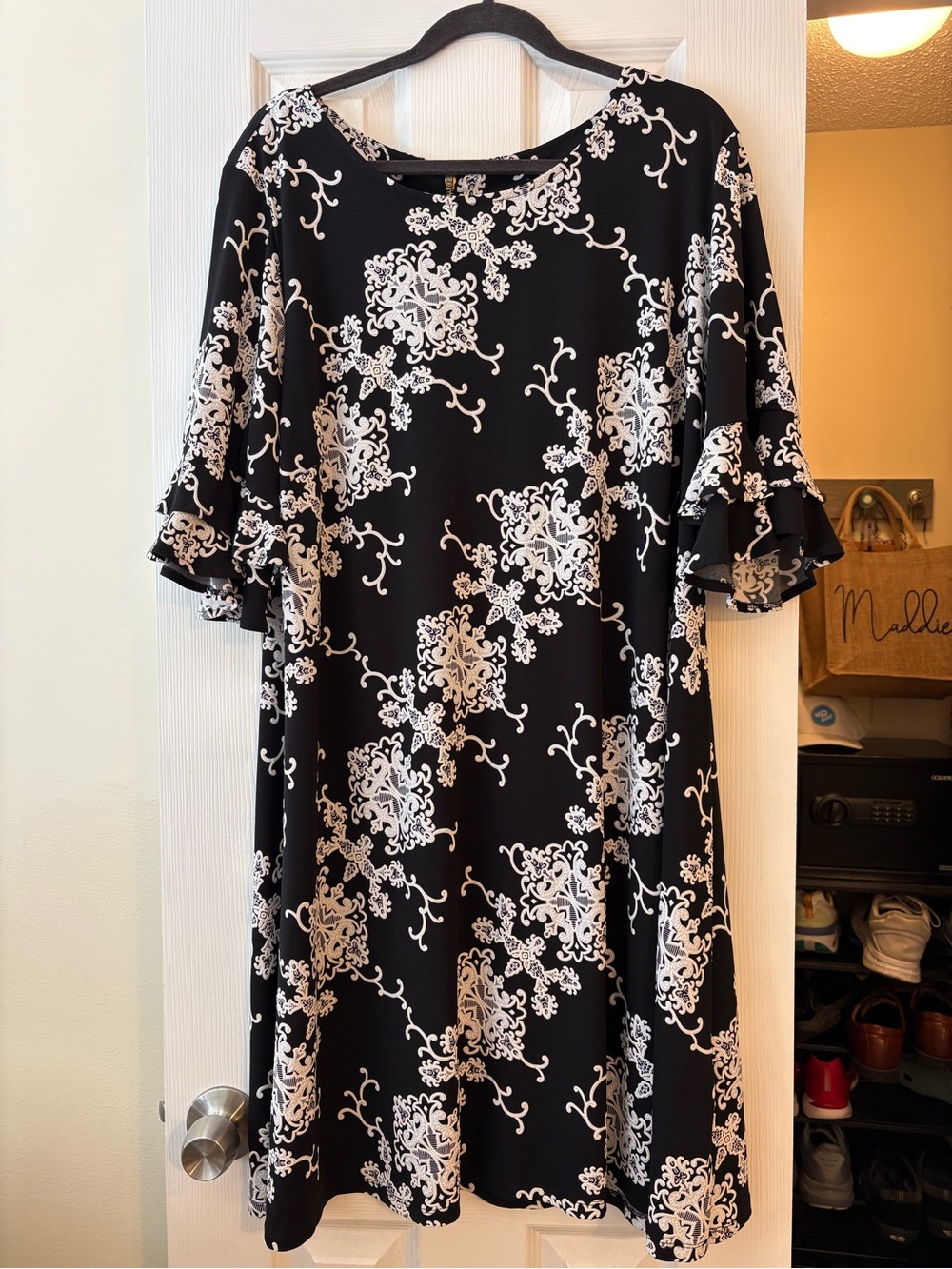 Ronni Nicole Black Midi Dress with White Medallion Floral Print